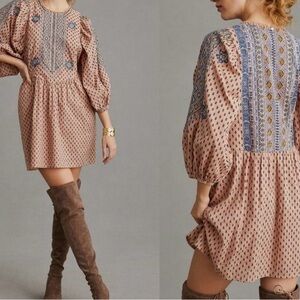 Anthropologie Light Pink/Tan Embroidered Boho Mini Tunic Dress Size S pre-owned.